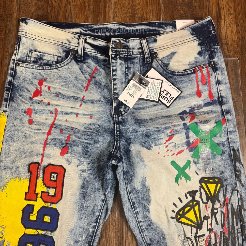 Rue 21 34 x 34 Premium Supreme Flex Skinny jean graffiti paint acid wash - Picture 7 of 13